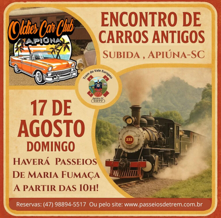 Carros Antigos e Passeios de Maria Fumaça prometem encantar em Apiúna no dia 17 de agosto