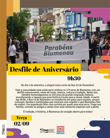 Blumenau comemora 175 anos com desfile festivo na Rua 15 de Novembro