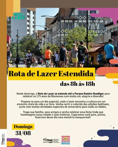 Rota de Lazer ampliada vai até o Parque Ramiro Ruediger neste domingo, dia 31, em comemoração aos 175 anos de Blumenau